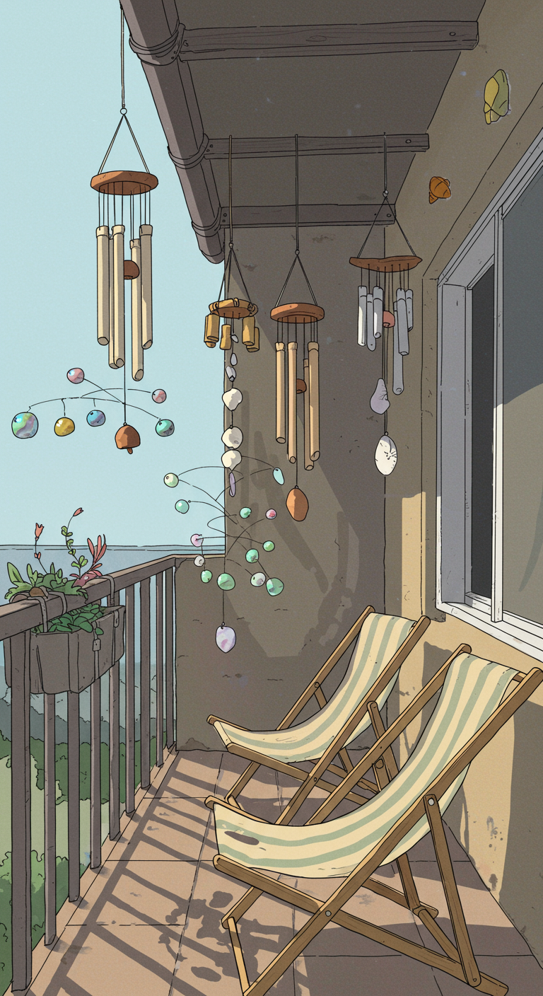 Balkon mit verschiedenen Windspielen und Mobiles, zwei Klappstühle.