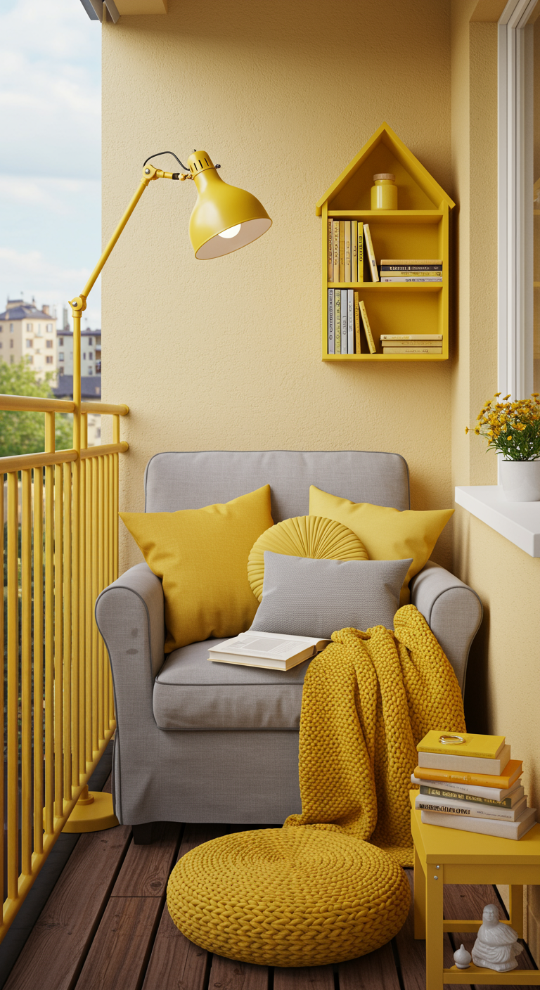 Gemütliche Leseecke auf dem Balkon mit grauem Sessel und vielen gelben Akzenten.