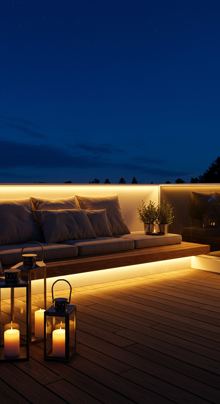 Holzbalkon bei Nacht mit indirekter LED-Beleuchtung unter der Sitzbank und Laternen.