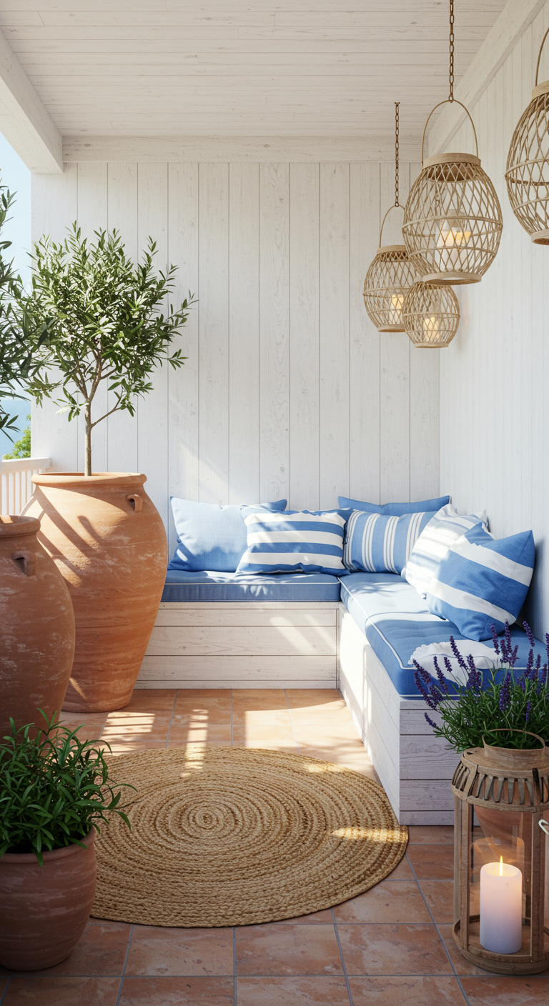 Mediterraner Balkon mit Terrakotta-Töpfen, blauen Polstern und Jute-Teppich.