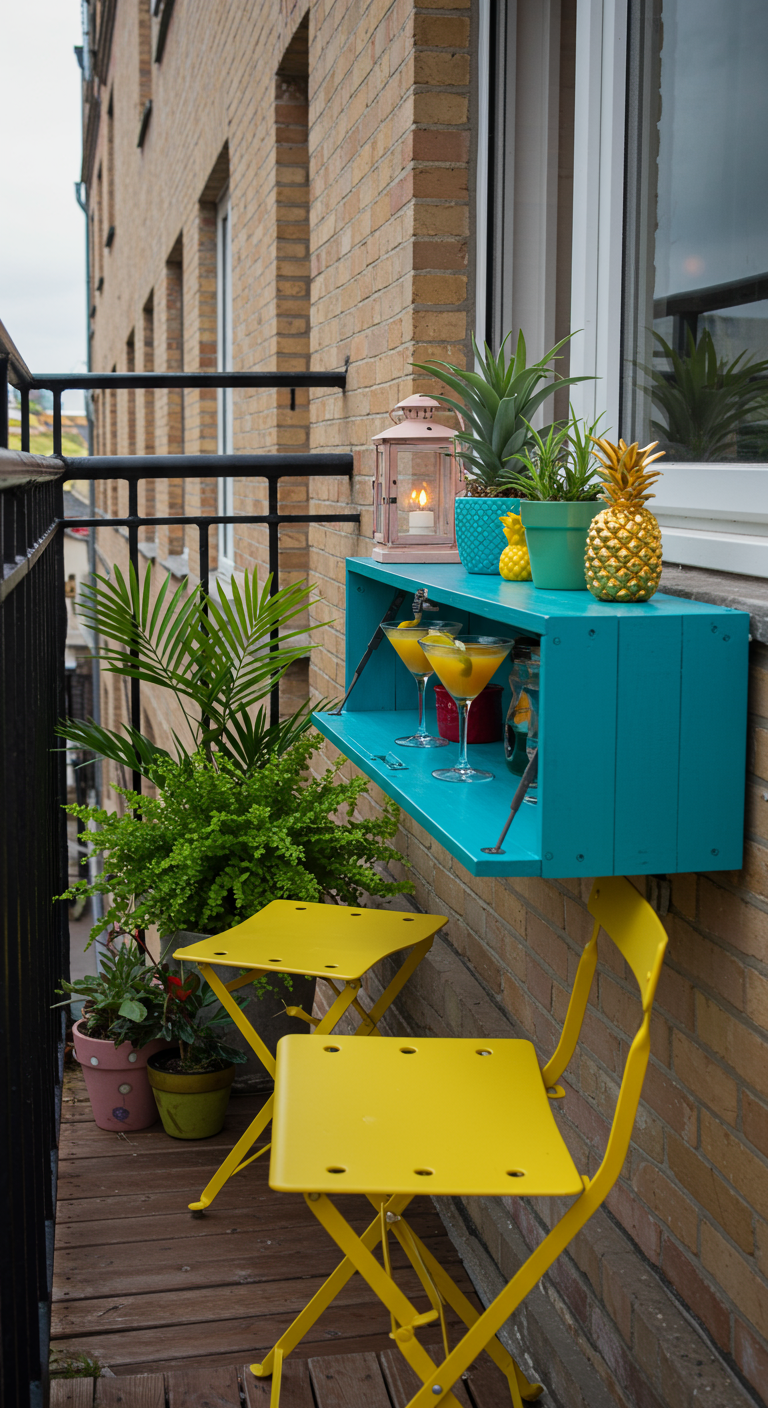 Sehr kleiner Balkon mit türkiser Klapp-Bar an der Backsteinwand und gelben Klappstühlen.