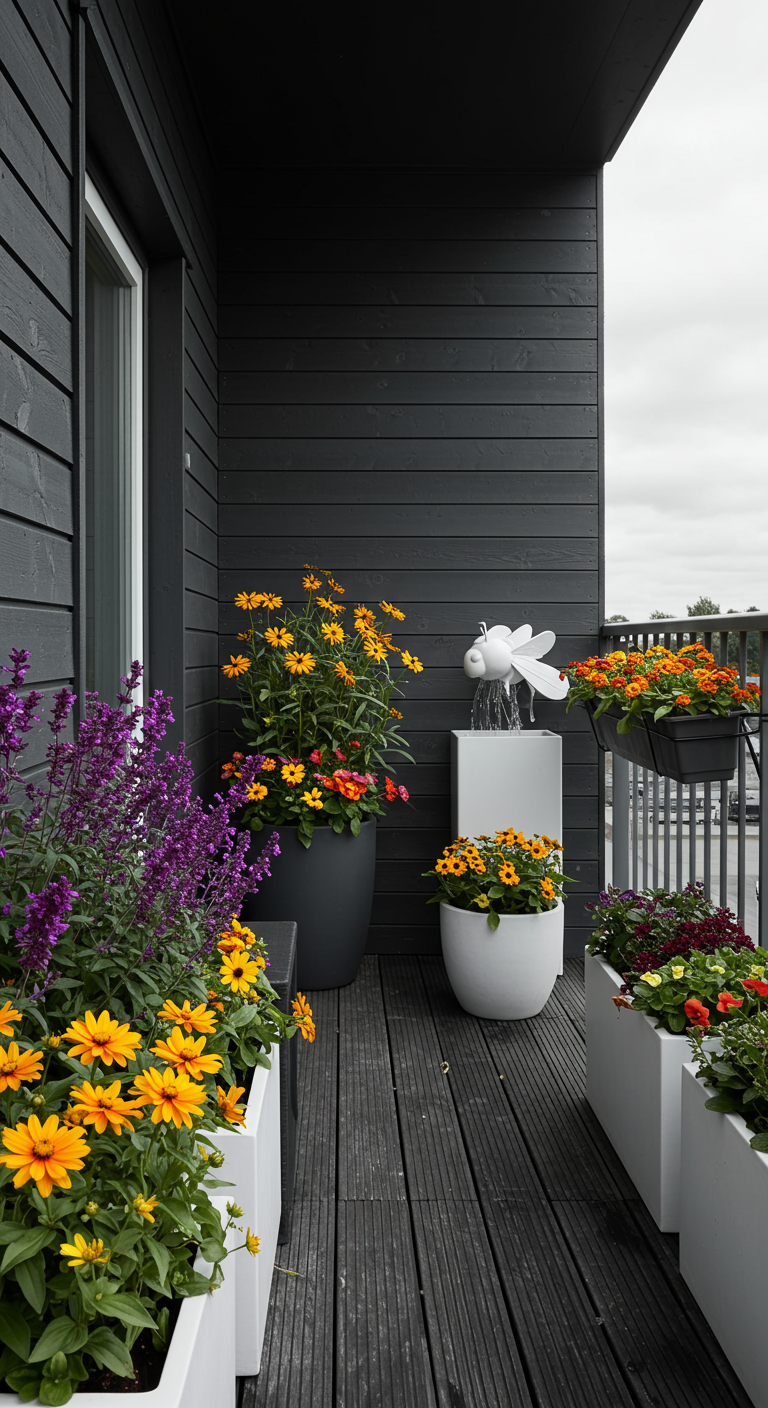 Moderner Balkon mit dunkler Holzwand, weißen Kübeln und gelb-orangen Blumen.