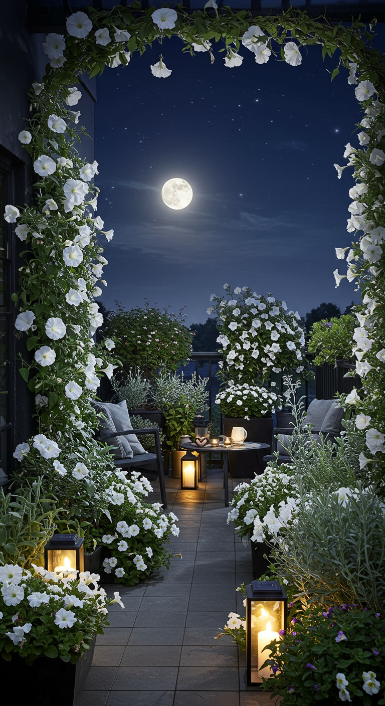 Balkon bei Vollmond mit üppigen weißen Blüten in dunklen Kübeln und Laternen.