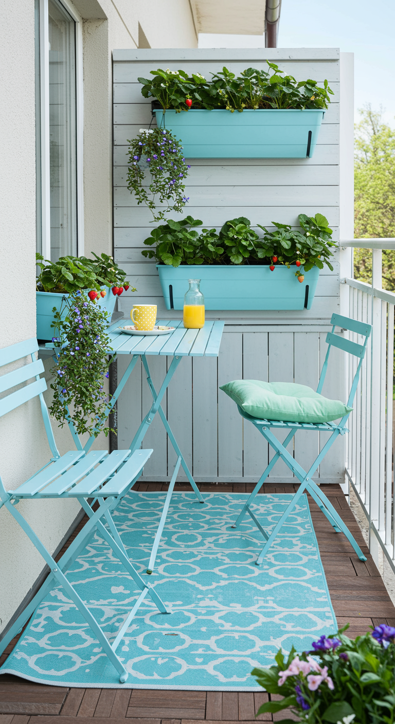 Balkon mit türkisen Klappmöbeln und Erdbeeren in Wandpflanzkästen.