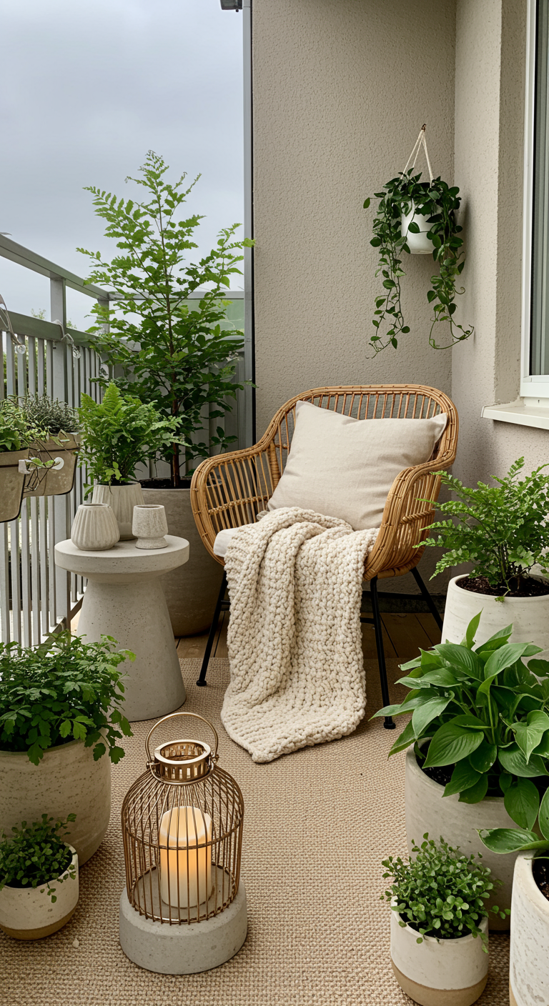 Gemütlicher Nordbalkon mit Rattansessel, Strickdecke und vielen schattenliebenden Pflanzen.