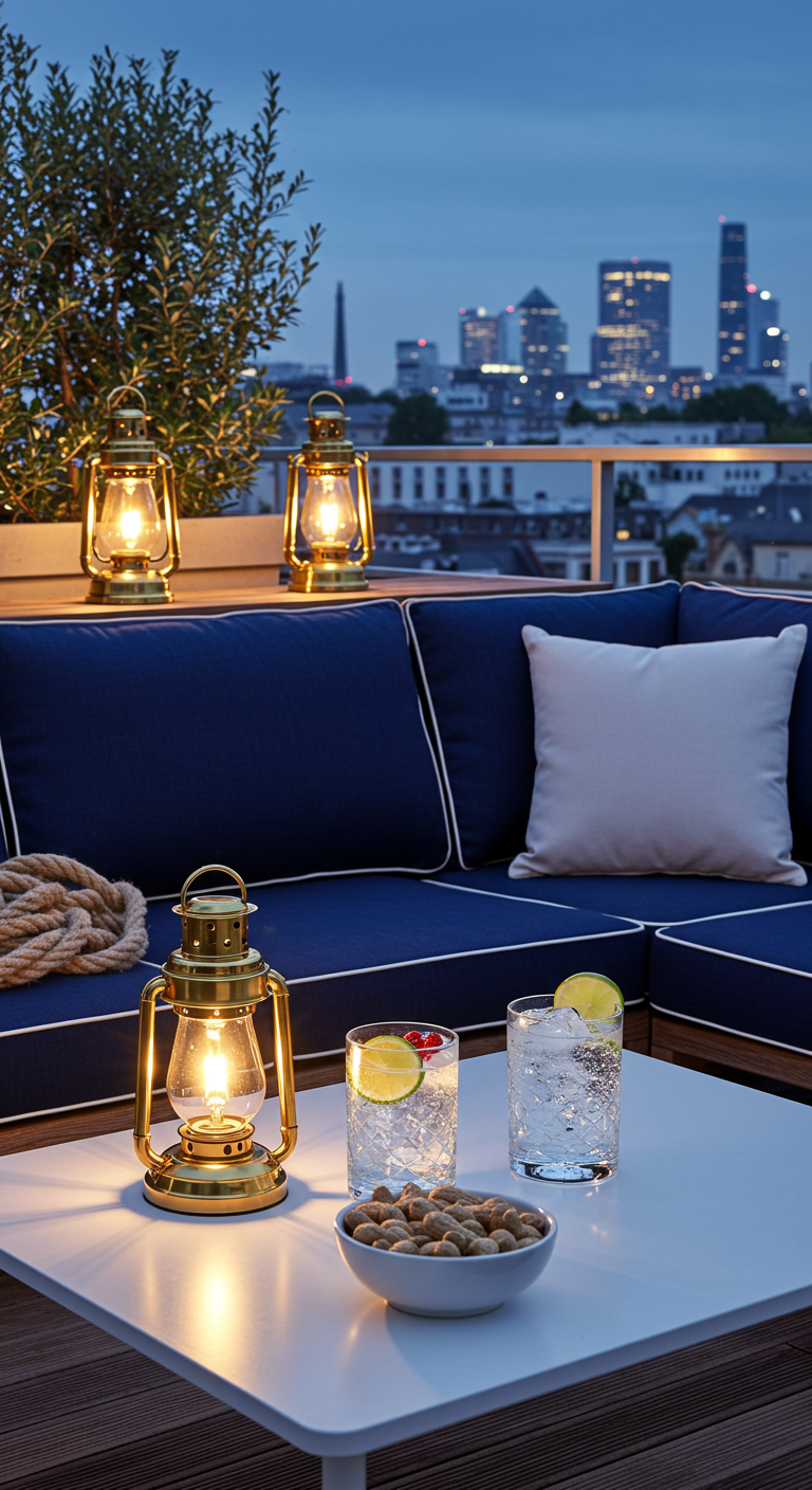Balkon mit dunkelblauen Polstern und maritimen Messing-Laternen.