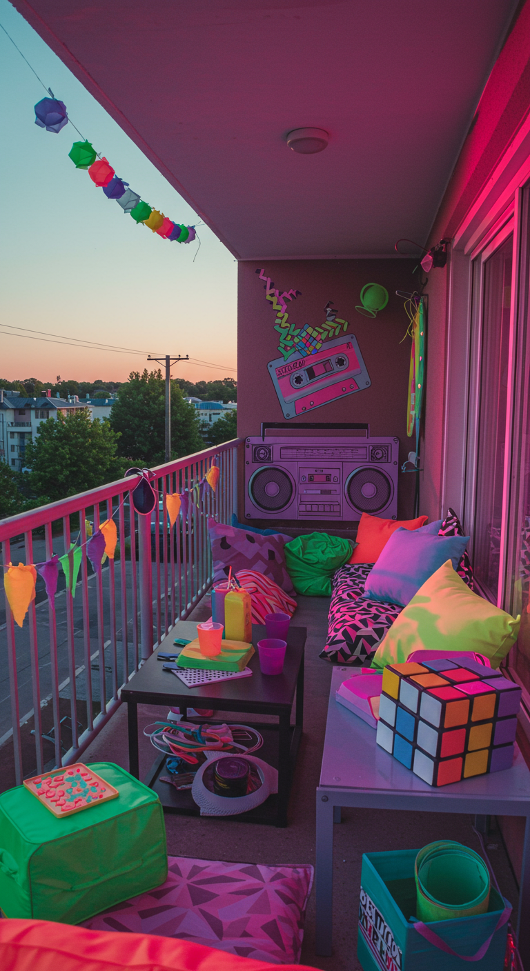 Balkon im 80er-Jahre-Stil mit Neonfarben, Ghettoblaster-Motiv und Zauberwürfel.