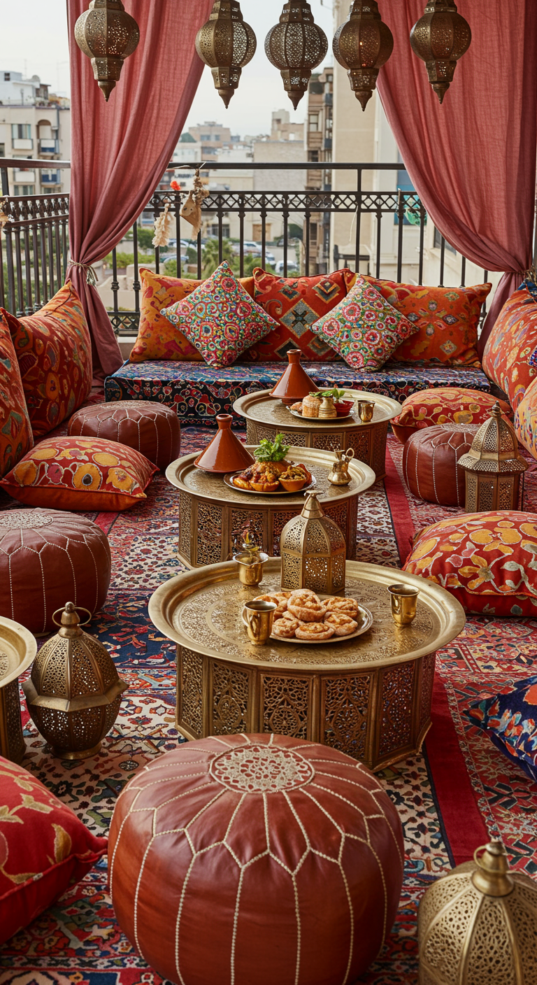 Balkon im orientalischen Stil mit vielen bunten Kissen, Teppichen, marokkanischen Laternen und Messingtischen.