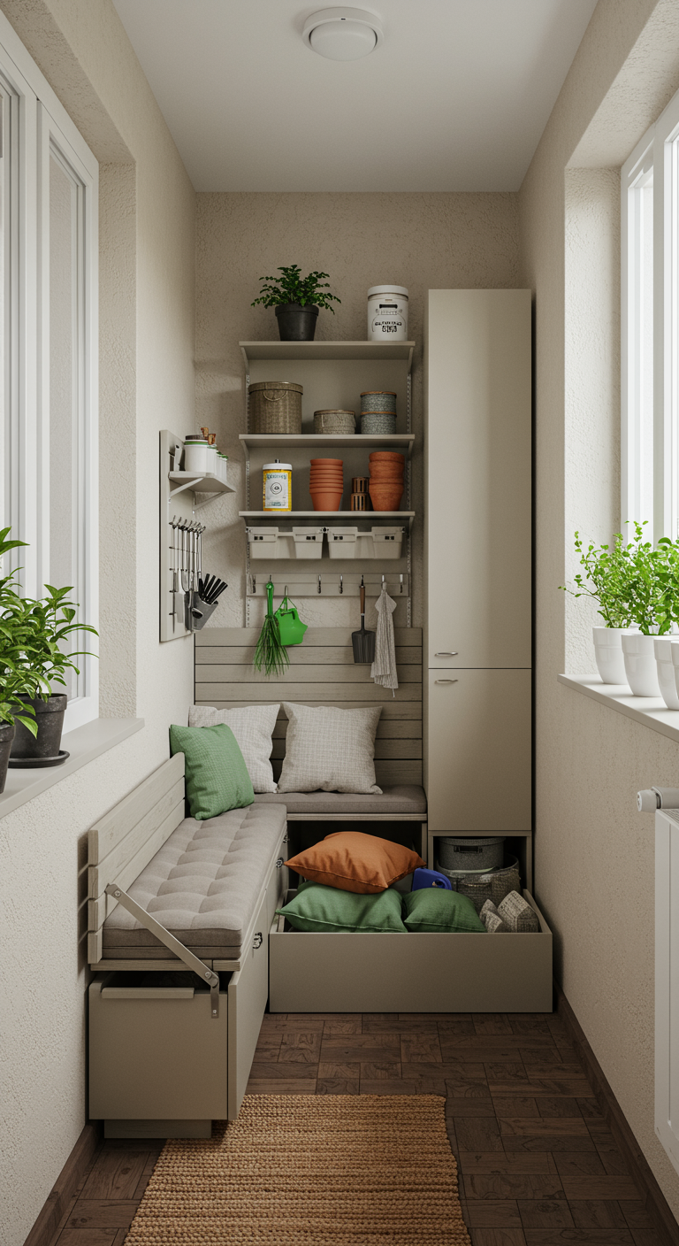 Schmaler Balkon mit heller Sitzbank mit Stauraum, Regalsystem und Hochschrank.