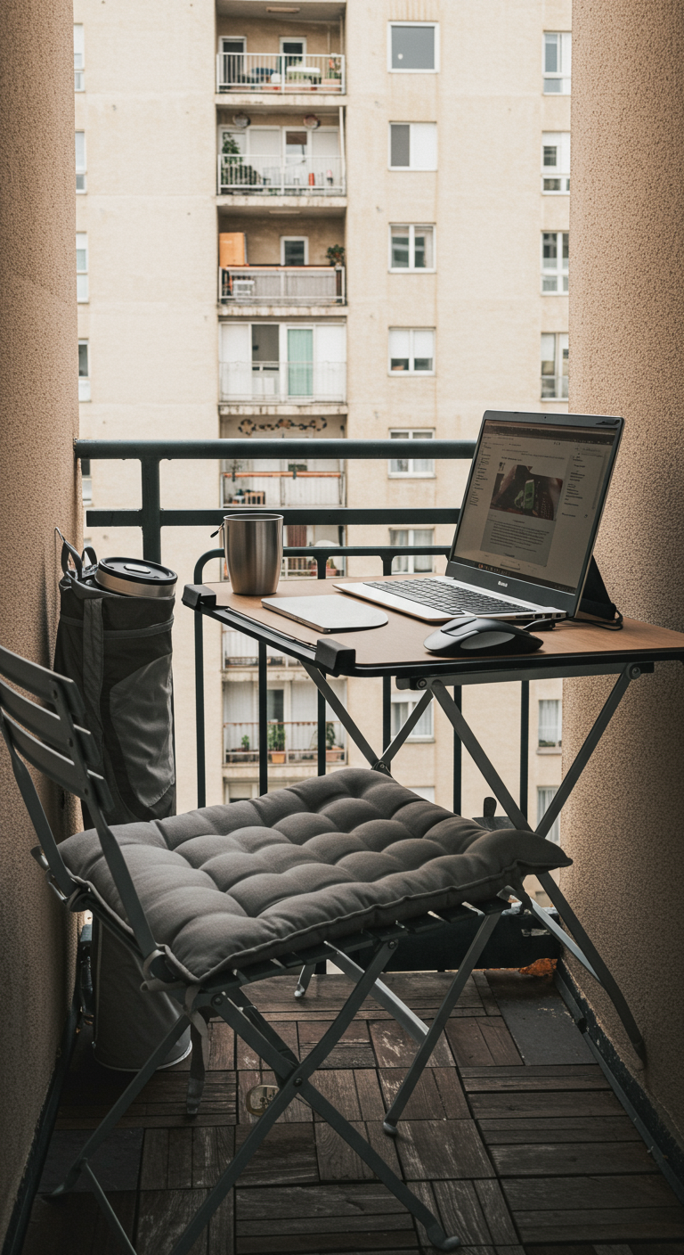Sehr schmaler Balkon mit Einhängetisch am Geländer, Laptop und Klappstuhl.