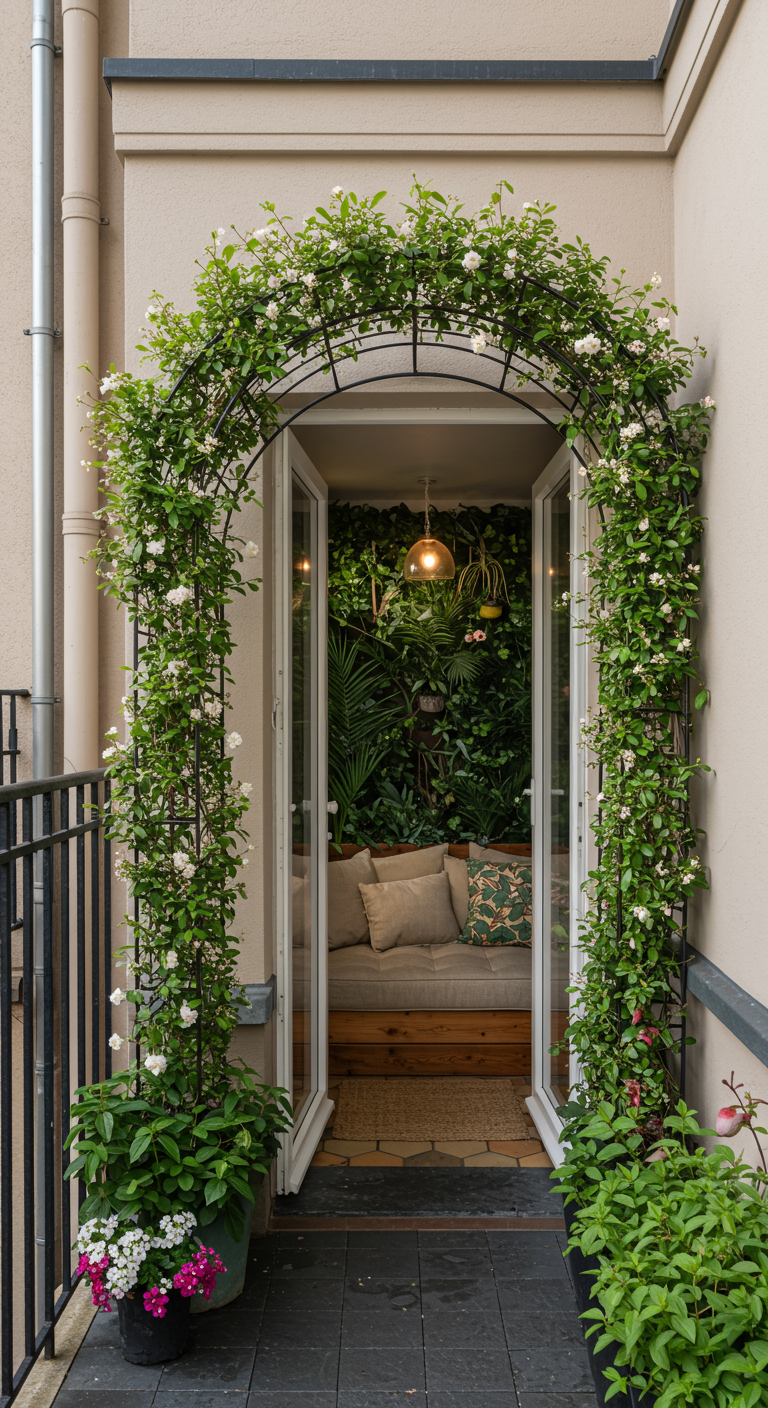 Mit weißen Rosen berankter Torbogen als Eingang zu einem begrünten Balkon.