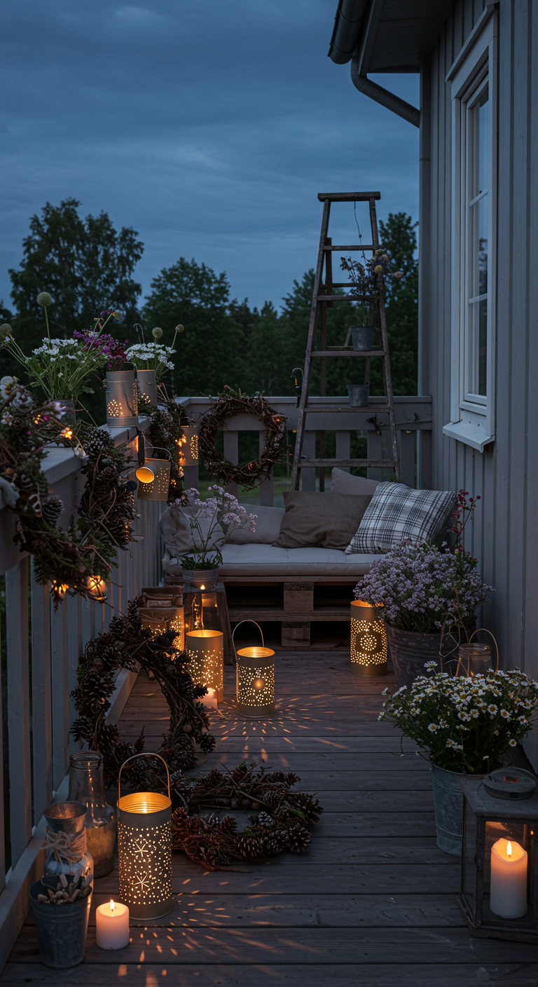 Balkon bei Dämmerung mit Palettensofa, vielen Laternen und rustikalen Midsommar-Kränzen.