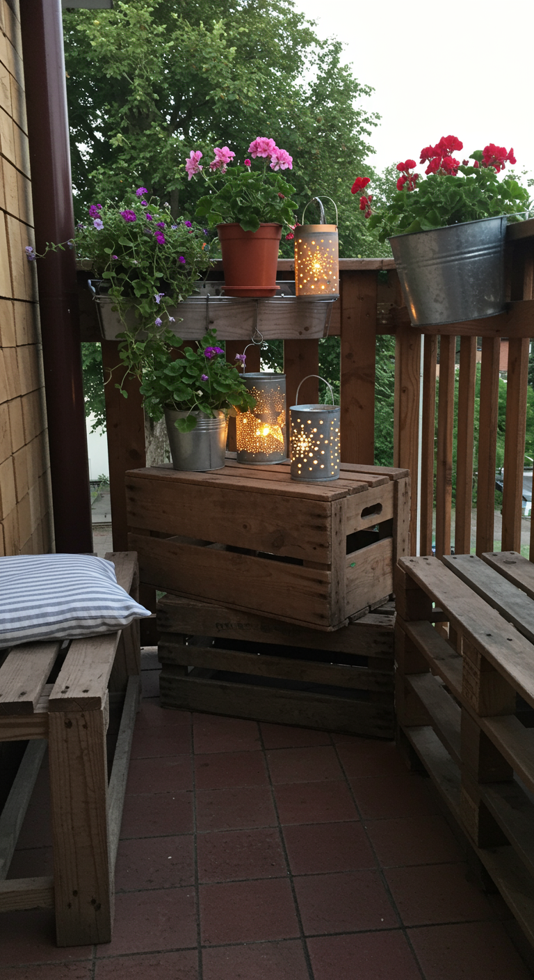 Rustikaler Balkon mit Holzkisten, Zinkeimern, Palettenbank und Laternen.