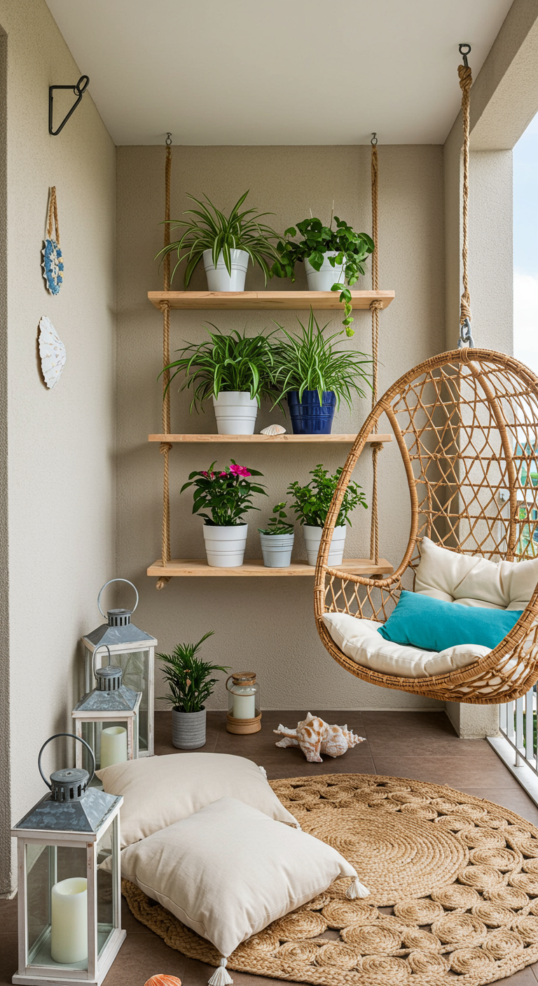 An Seilen hängende Holzregale mit Pflanzen neben einem Rattan-Hängesessel auf dem Balkon.
