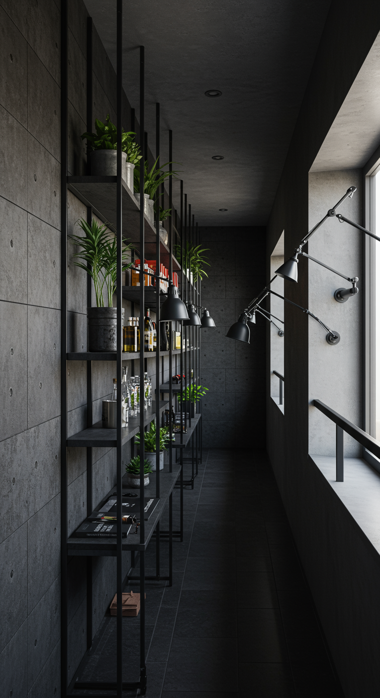 Sehr schmaler, langer Balkon mit hohem schwarzen Metallregal und industriellen Wandleuchten.