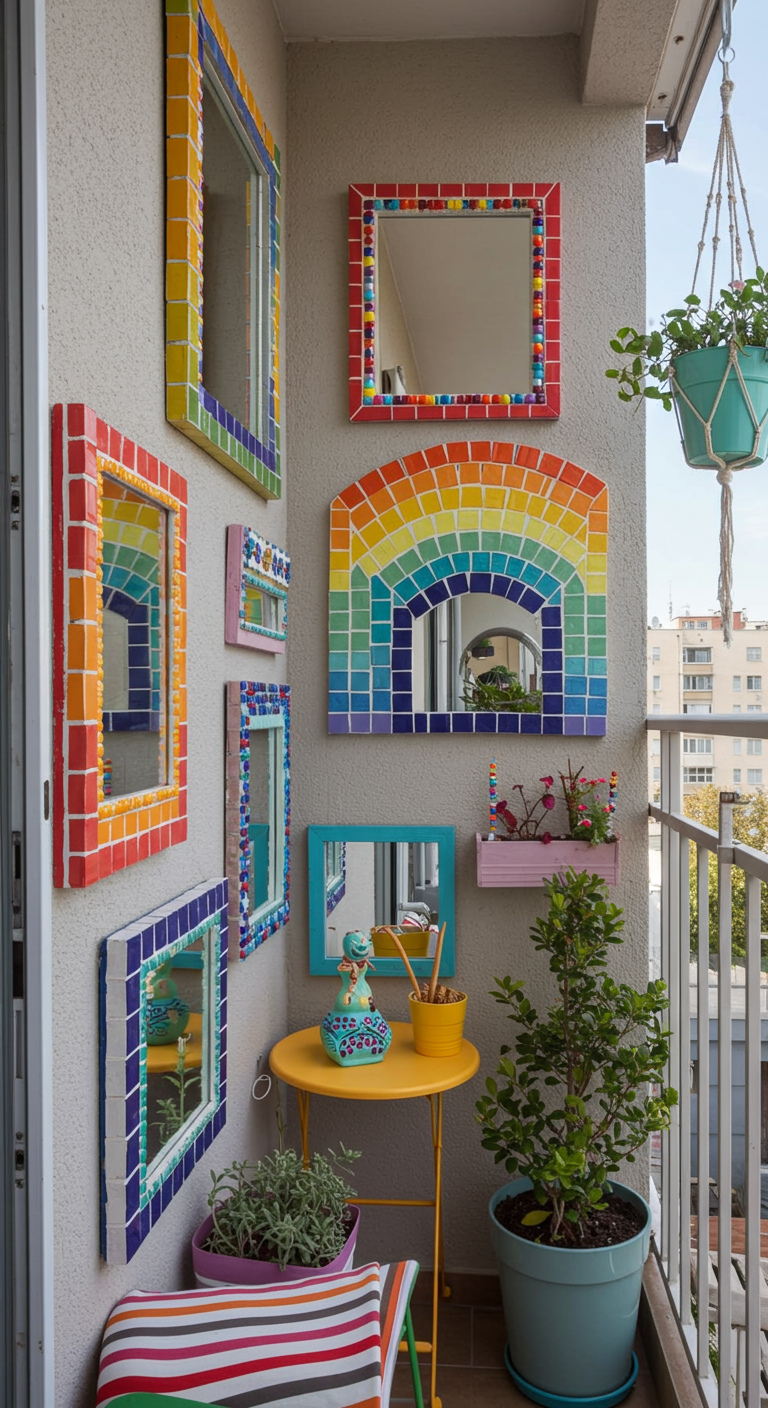 Wand auf einem Balkon mit mehreren Spiegeln, deren Rahmen mit bunten Mosaiksteinen verziert sind.