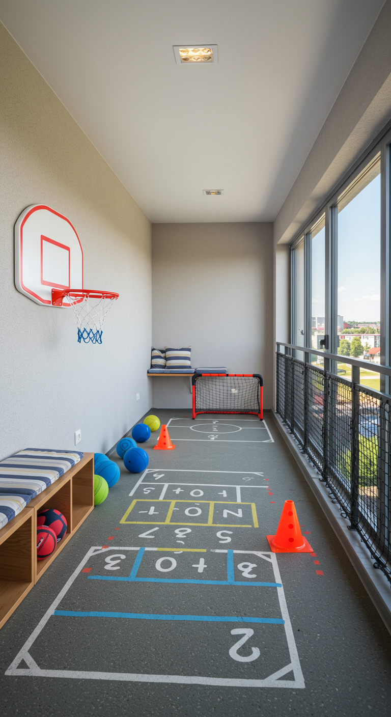 Balkon als Sportplatz mit aufgemaltem Hüpfspiel, Basketballkorb und Fußballtor.