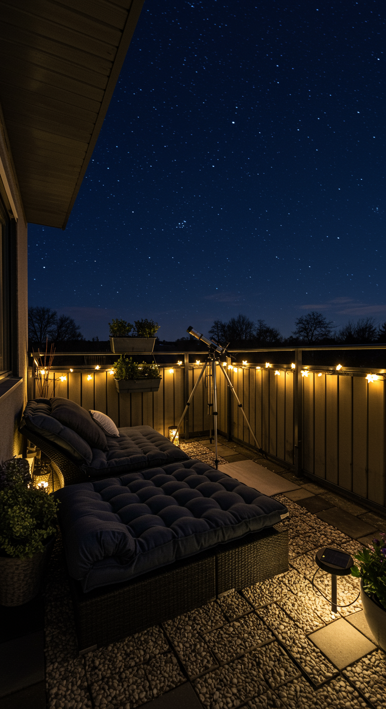 Balkon bei Nacht mit zwei Liegen, Lichterkette und Teleskop unter Sternenhimmel.