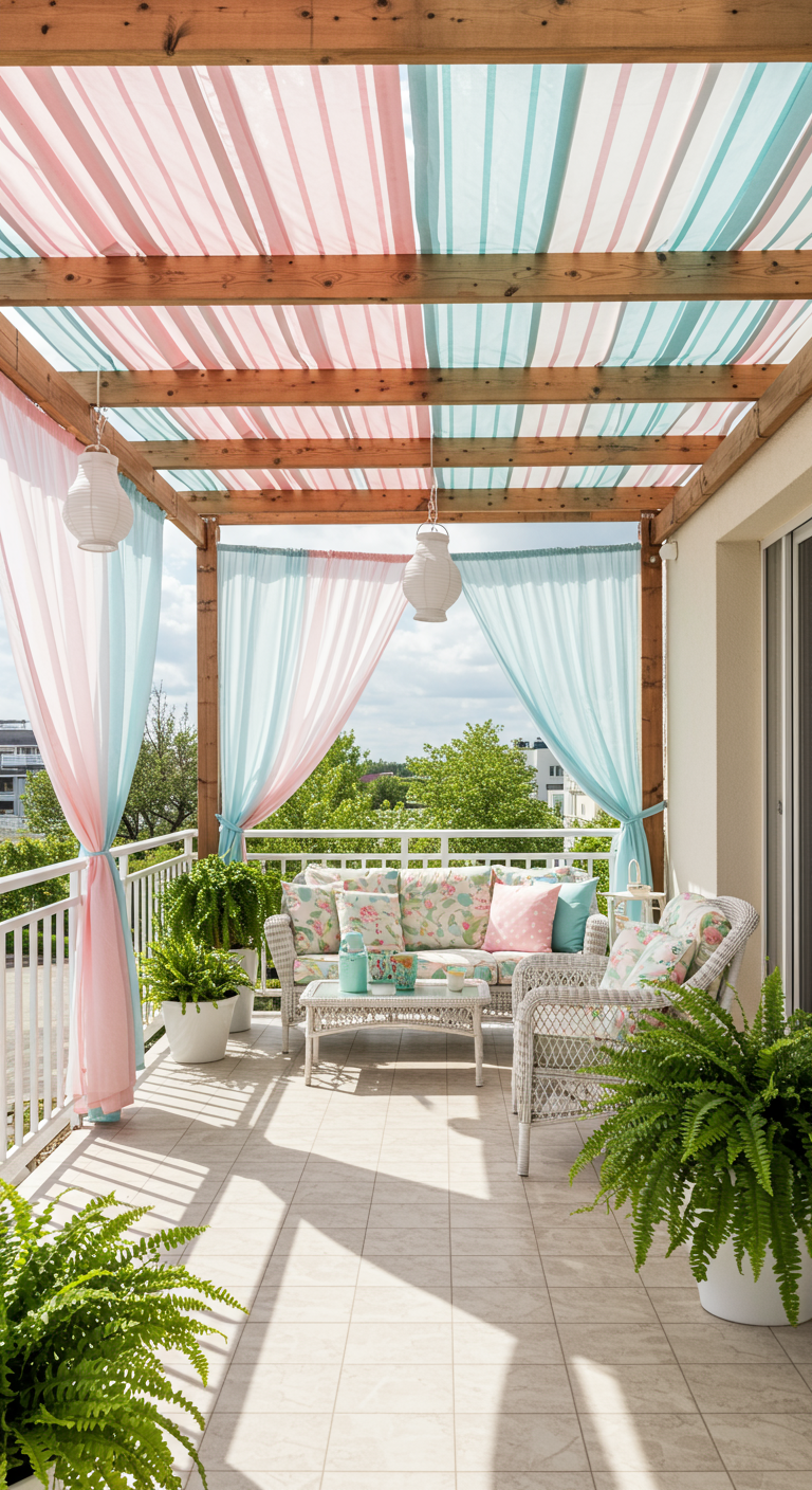 Balkon mit Korbmöbeln und einem Sonnendach aus rosa-blau gestreiftem Stoff.