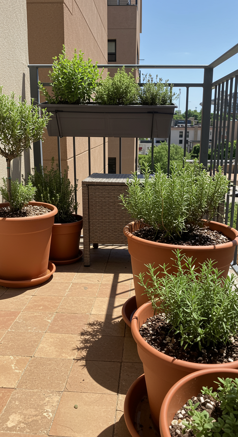 Sonniger Balkon mit vielen großen Terrakotta-Töpfen voller Kräuter und einem Rattan-Hocker.