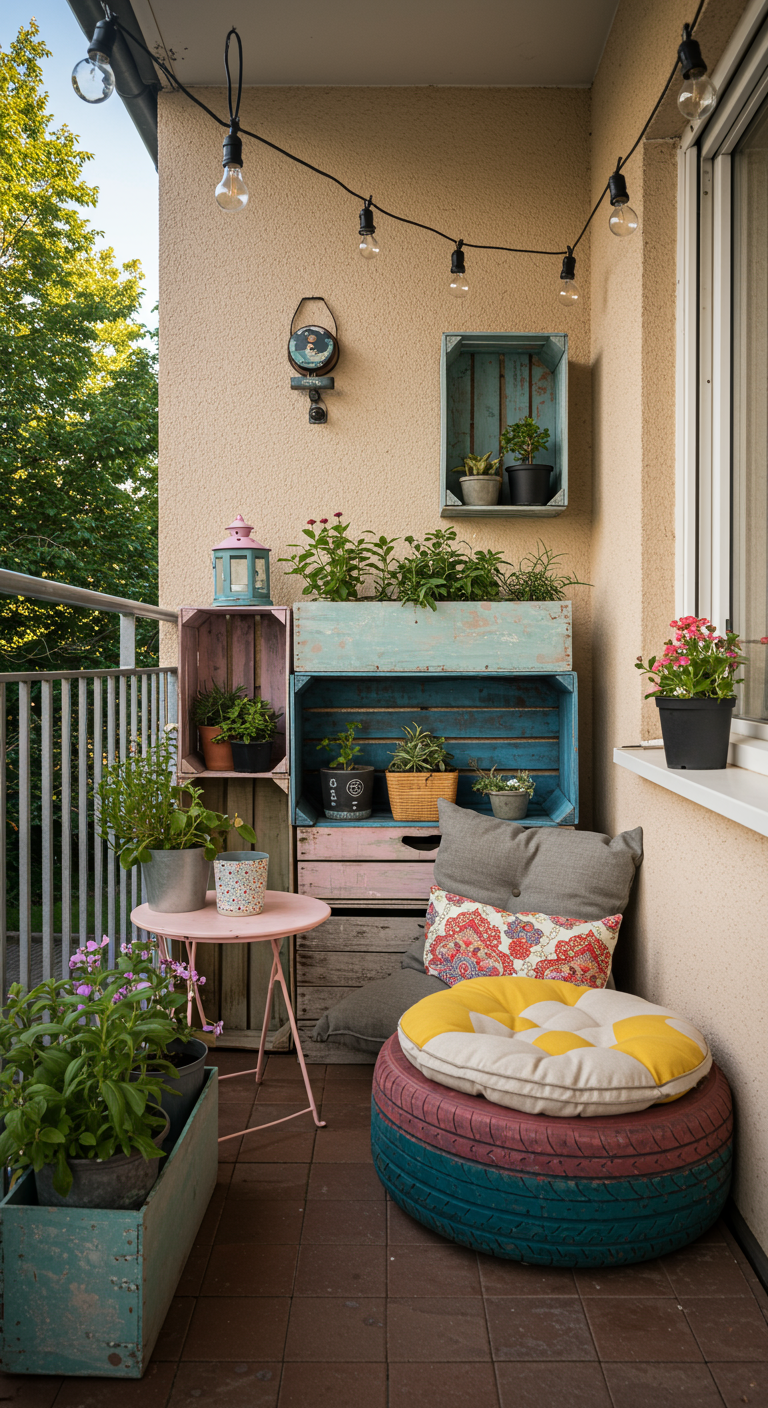Kreativ gestalteter Balkon mit bemalten Holzkisten als Regale und einem Autoreifen-Hocker.