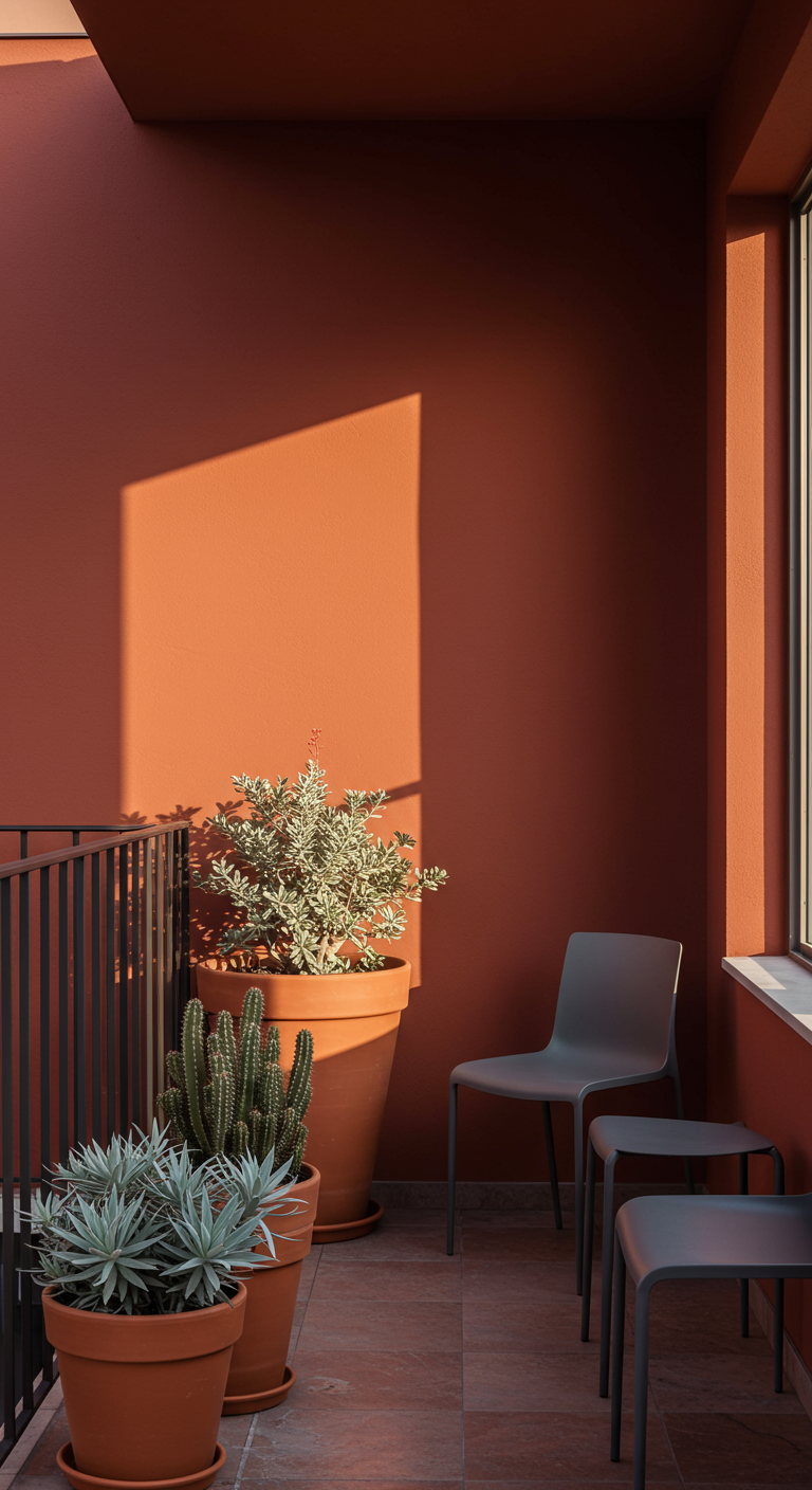 Balkon mit terrakottafarbener Wand und Kakteen in Terrakotta-Töpfen.