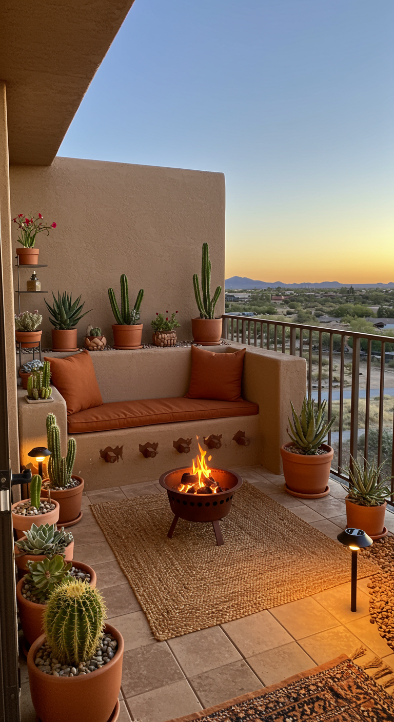 Eckbalkon im Wüstenstil mit Feuerschale, Kakteen und Terrakotta-Details bei Sonnenuntergang.