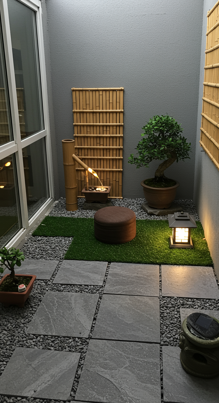 Kleiner Balkon im japanischen Stil mit Kunstrasen, Steinplatten, Bonsai und Bambusbrunnen.