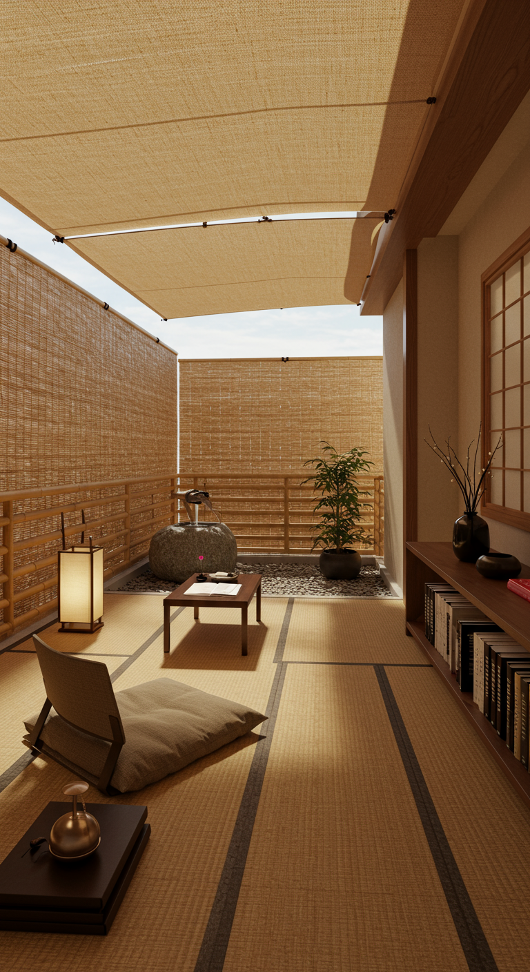Japanisch inspirierter Balkon mit Tatami-Matten, Bodensitzkissen, Bambus und Sonnensegel.