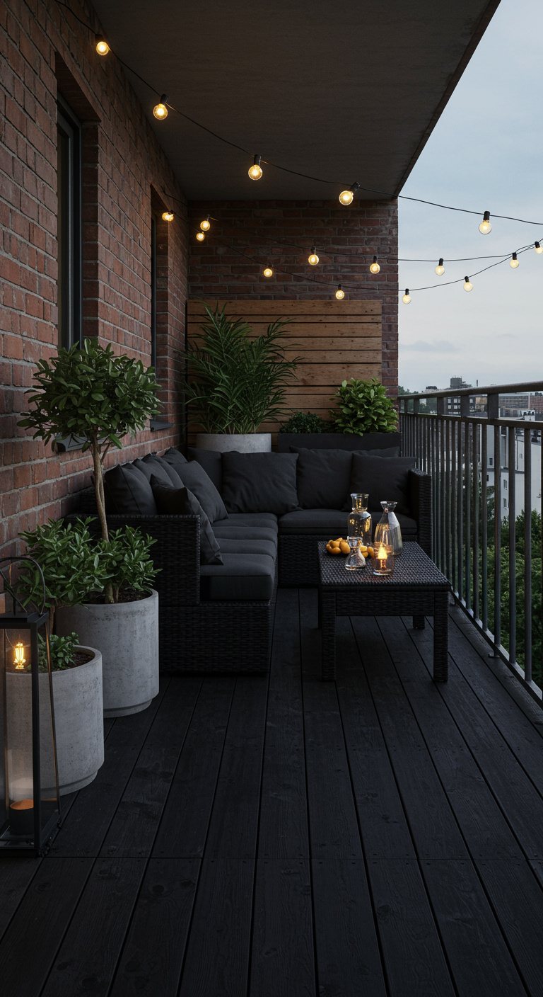 Balkon mit Backsteinwand, dunklem Holzboden, schwarzer Ecklounge und Lichterketten.