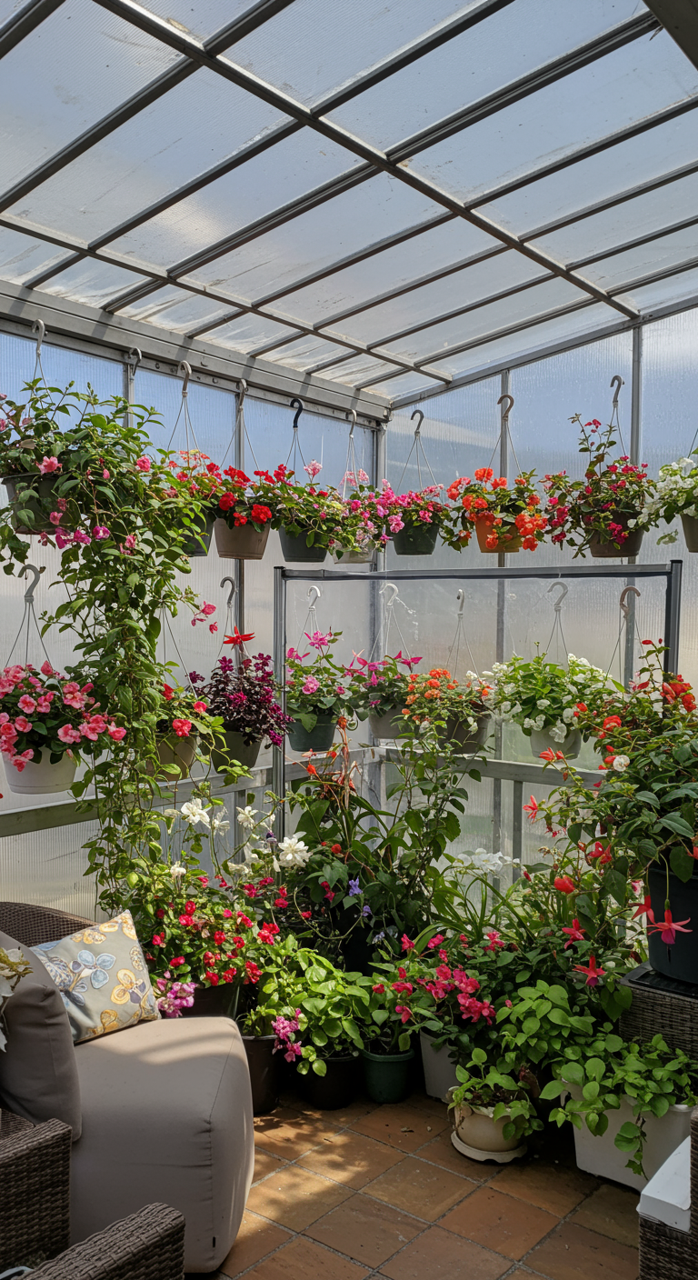 Verglaster Balkon voller bunter Hängeblumen in Ampeln.