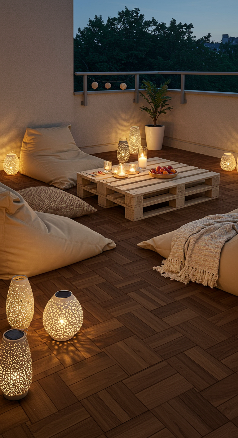 Balkon-Lounge mit Sitzsäcken, Palettentisch und vielen kleinen Bodenlaternen bei Nacht.