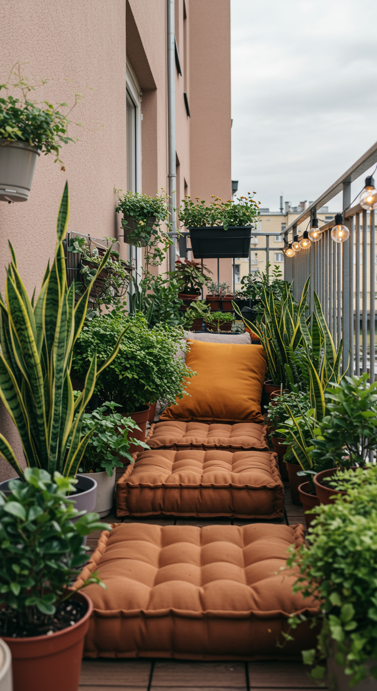Langer, schmaler Balkon mit vielen Bodenkissen und umgeben von zahlreichen Topfpflanzen.