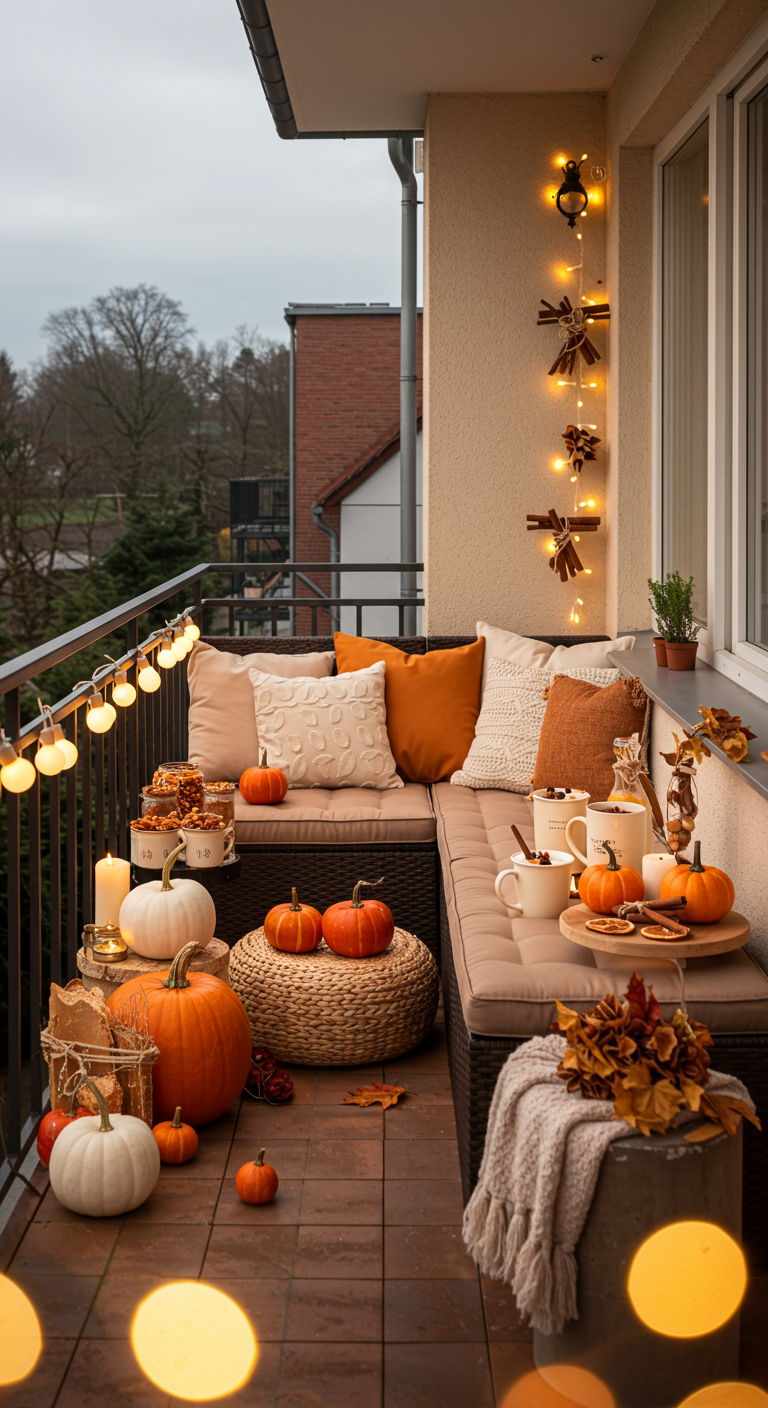 Gemütliche Sitzecke auf Balkon mit Kürbissen, Kissen, DIY-Lichterkette und Kaffeetassen.
