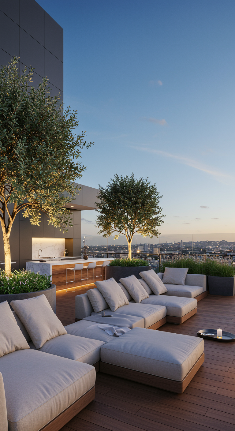 Große Dachterrasse mit heller Lounge-Landschaft, Olivenbäumen und Outdoor-Küchenzeile.