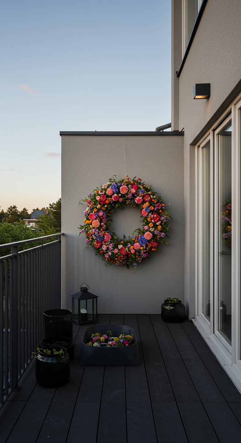 Moderner Balkon mit dunklem Boden, großer bunter Midsommar-Kranz an grauer Wand.