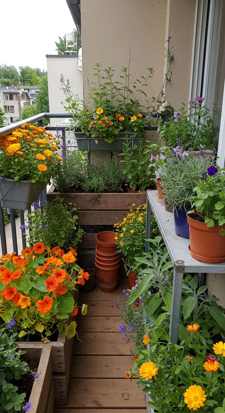 Balkon mit vielen bunten Blumen wie Ringelblumen und Lavendel in Holzkisten und Regalen.
