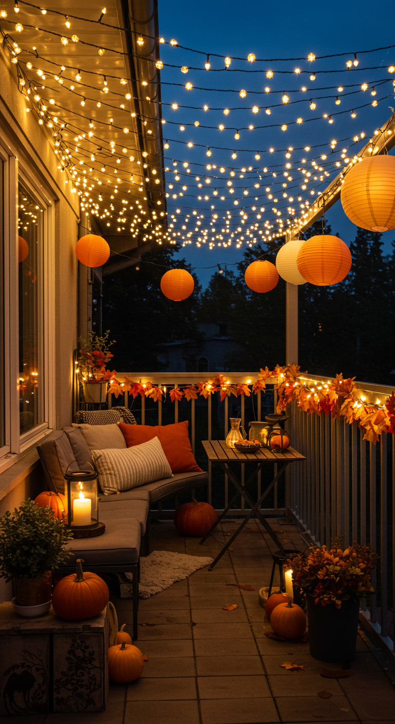 Hell erleuchteter Balkon mit vielen Lichterketten, Papierlaternen und Kürbissen.