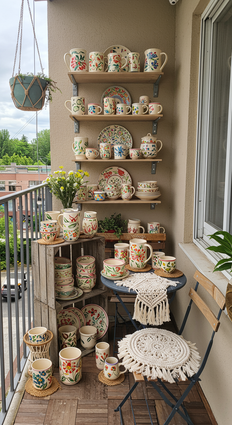 Balkon mit Regal voller buntem Keramikgeschirr, Holzkisten und kleinem Tisch mit Makramee.