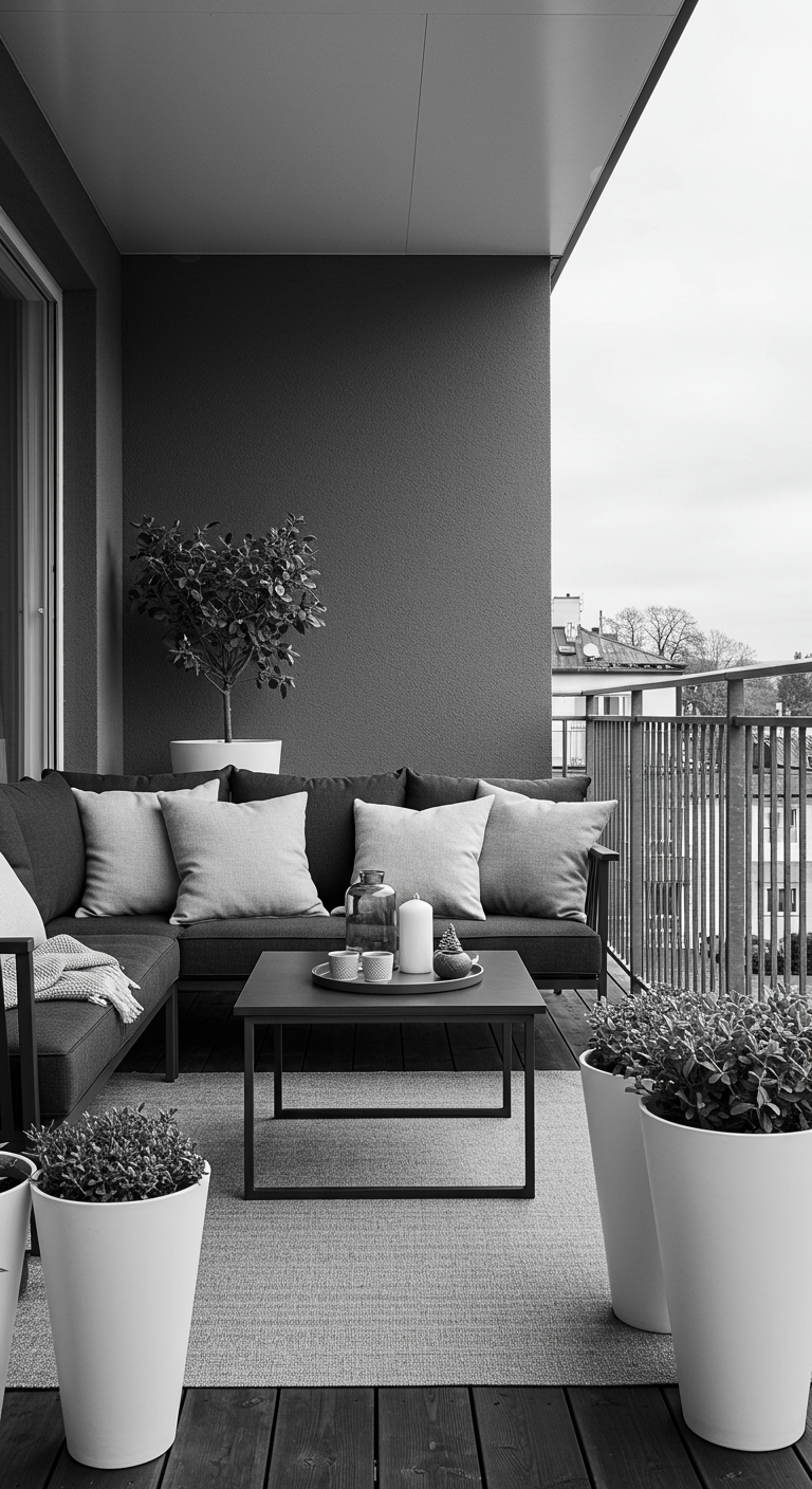 Moderner Balkon mit dunkelgrauer Lounge, hellgrauen Kissen, weißem Teppich und weißen Pflanzkübeln.