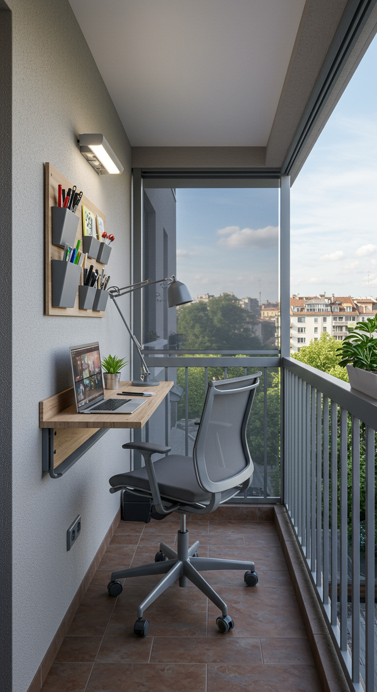 Schmaler Balkon als Home-Office mit Klapptisch, Bürostuhl und Wandorganizer.