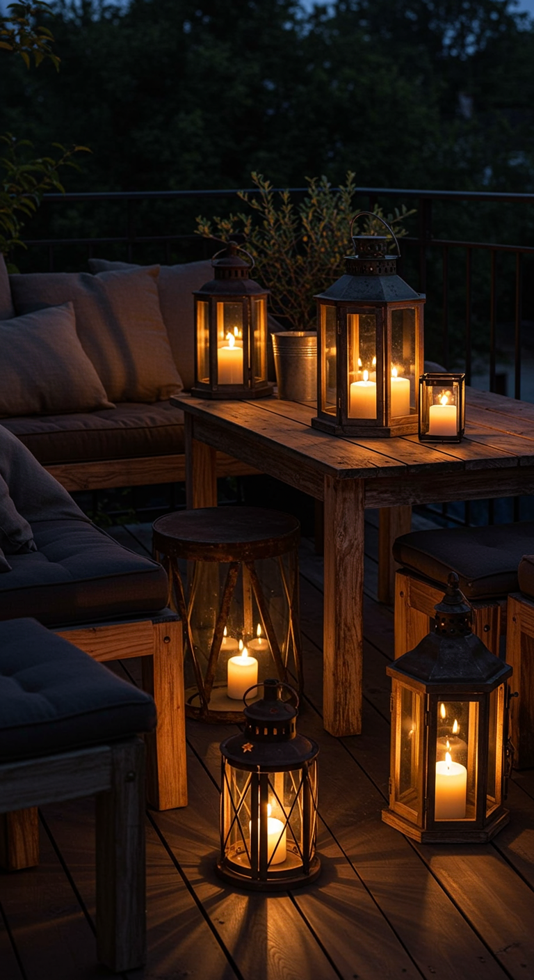 Holztisch und -bänke bei Nacht, beleuchtet von zahlreichen Kerzen in Laternen.