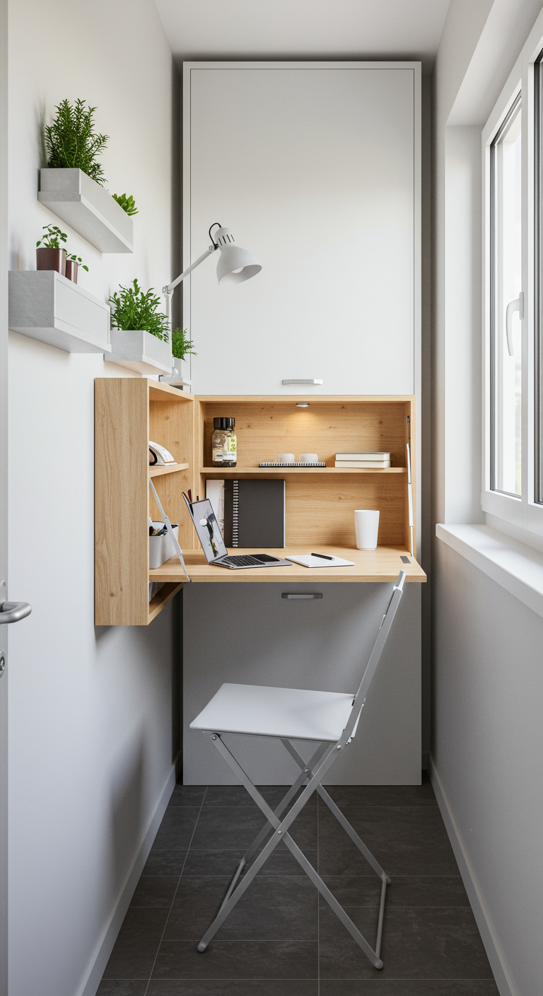 Sehr schmaler Balkon mit einem wandmontierten Klappschreibtisch, der auch Regalfächer hat.