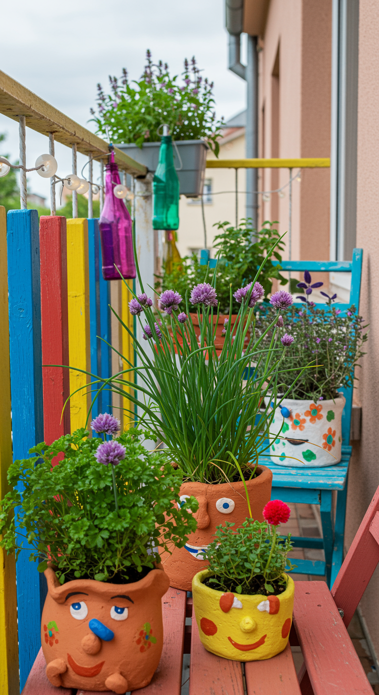 Farbenfroher Balkon mit bunt bemalten Kräutertöpfen, die Gesichter haben, und buntem Holzgeländer.