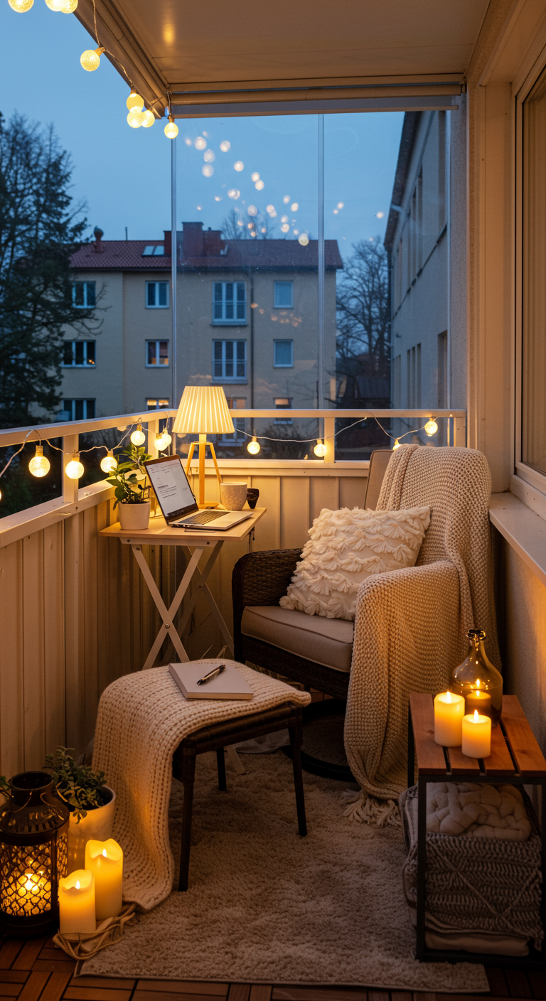Gemütlicher Balkon-Arbeitsplatz bei Dämmerung mit Sessel, Lichterketten und Kerzen.