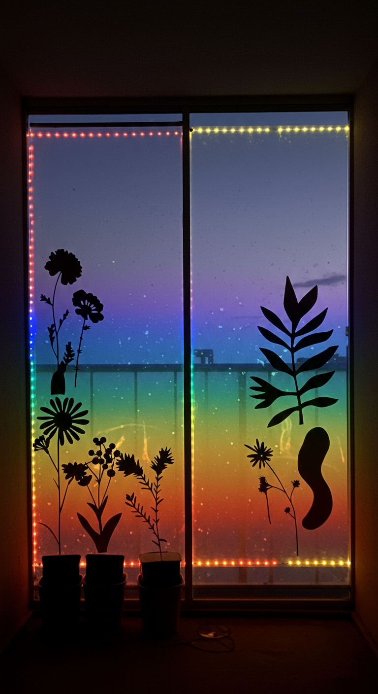Balkontür von innen mit LED-Lichtern umrahmt, die einen Regenbogenfarbverlauf erzeugen, davor Pflanzensilhouetten.