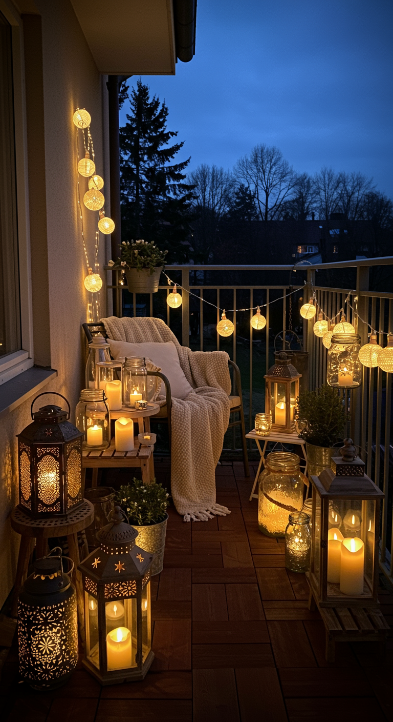 Balkon übersät mit leuchtenden Laternen verschiedener Art, Stuhl mit Decke bei Nacht.