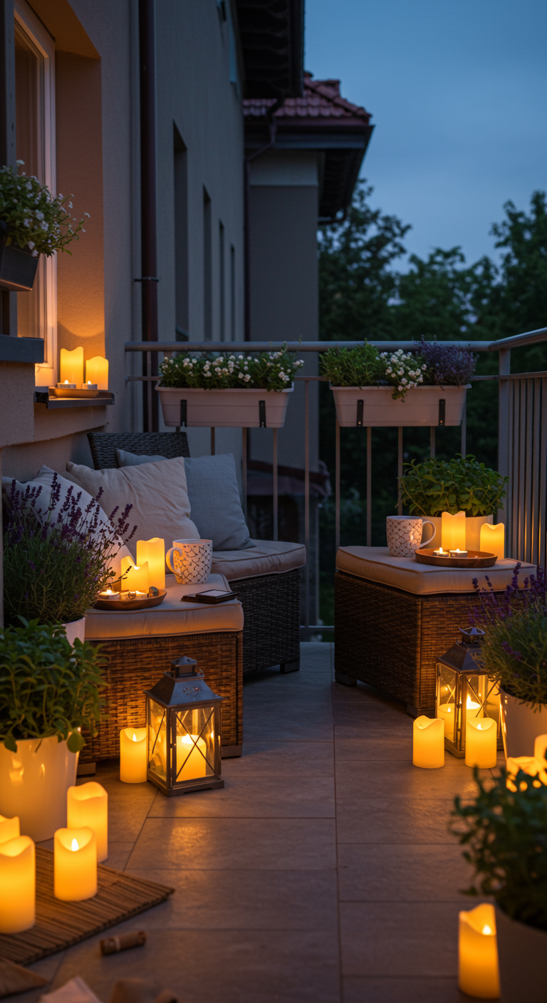 Balkon mit vielen Kerzen, Lavendelpflanzen und gemütlichen Rattanmöbeln bei Dämmerung.