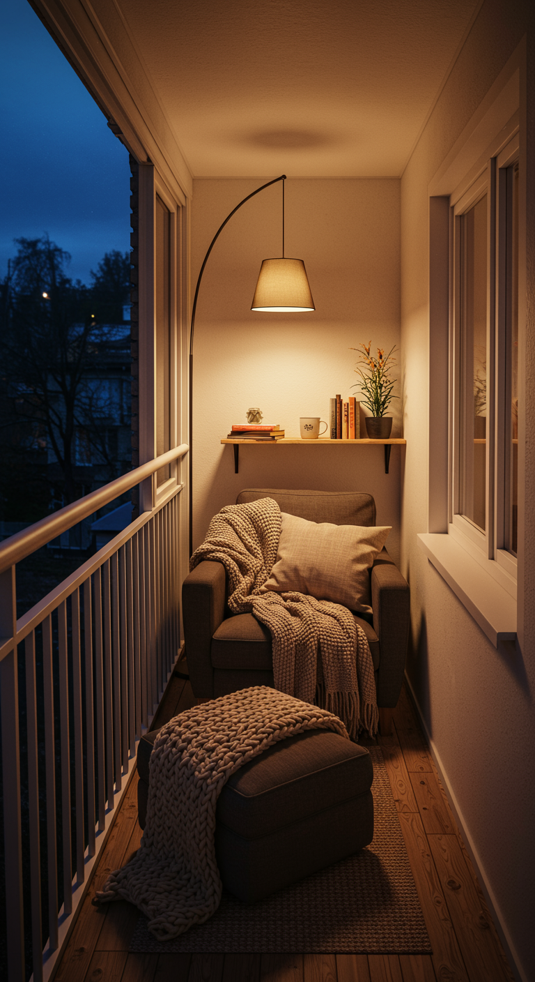 Gemütliche Leseecke auf kleinem Balkon bei Nacht mit Sessel, Lampe und Regal.