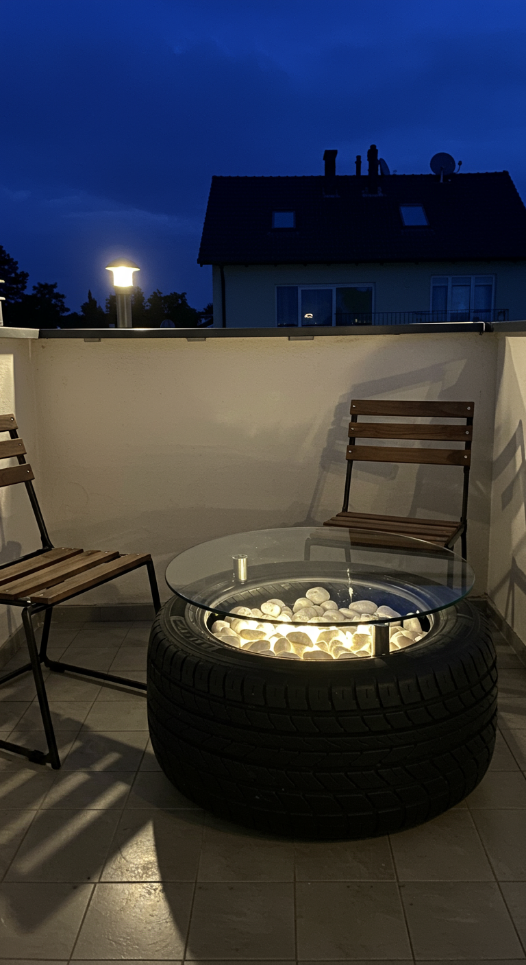 DIY-Tisch aus Autoreifen mit Glasplatte und beleuchteten weißen Steinen im Inneren.